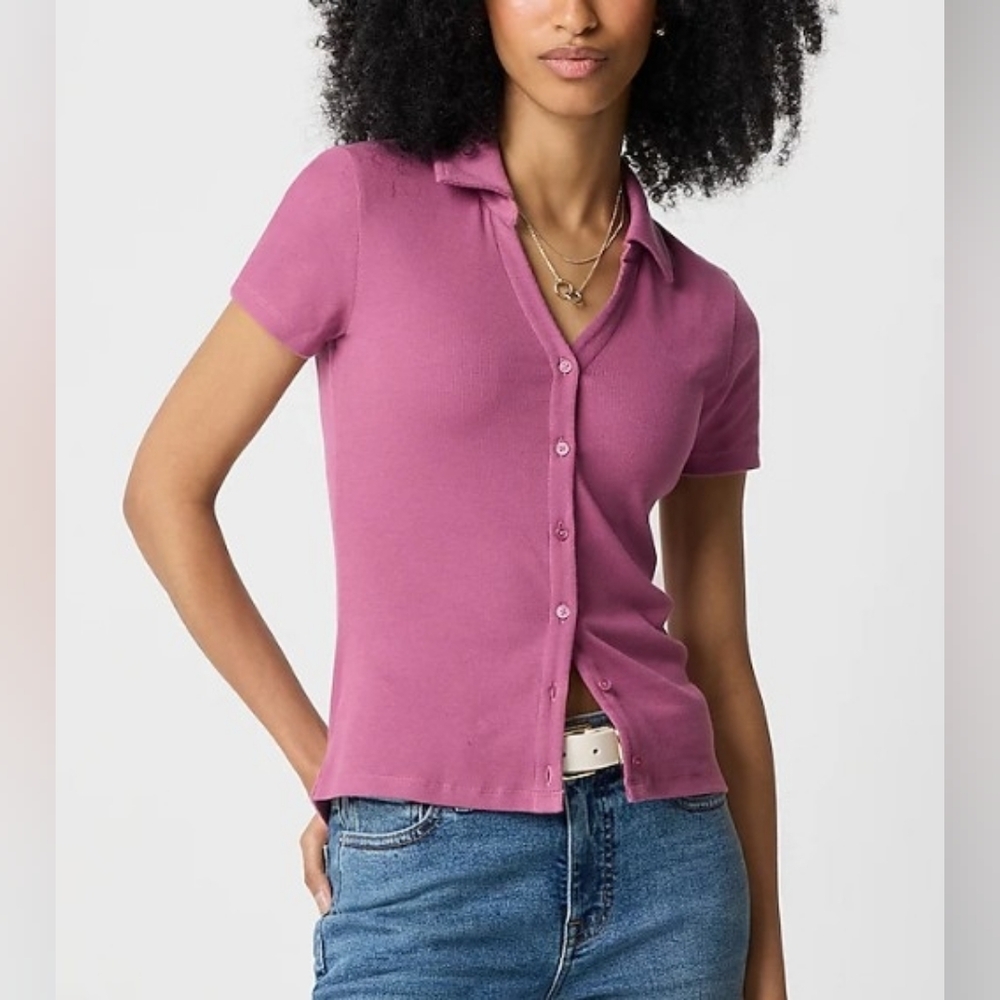J. Crew Ribbed Button-Up Polo Top - Picture 1 of 5